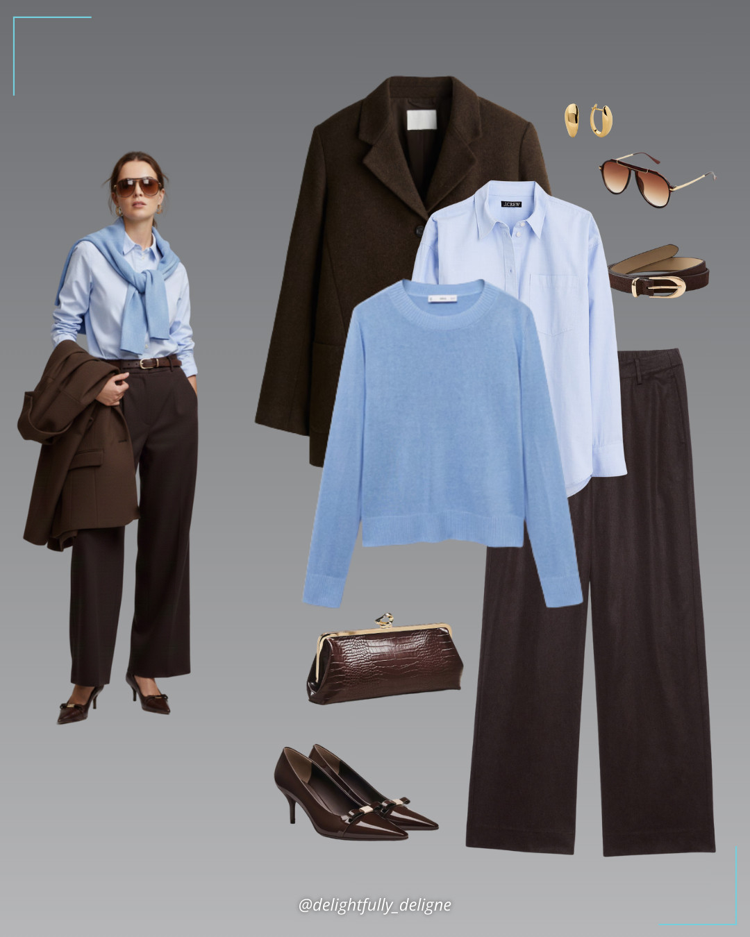 Winter Classic Layers 🤎💙 Dark brown single-breasted blazer, blue oversized lightweight oxford shirt, brown wide-leg pant, cashmere jumper, patent bow pointed-toe stiletto-heel pumps, vegan-leather turnlock clutch, oversized aviator sunglasses, large hoop earrings & suede oval buckle belt.
 

 #LTKgrwm #LTKootd #LTKOver40