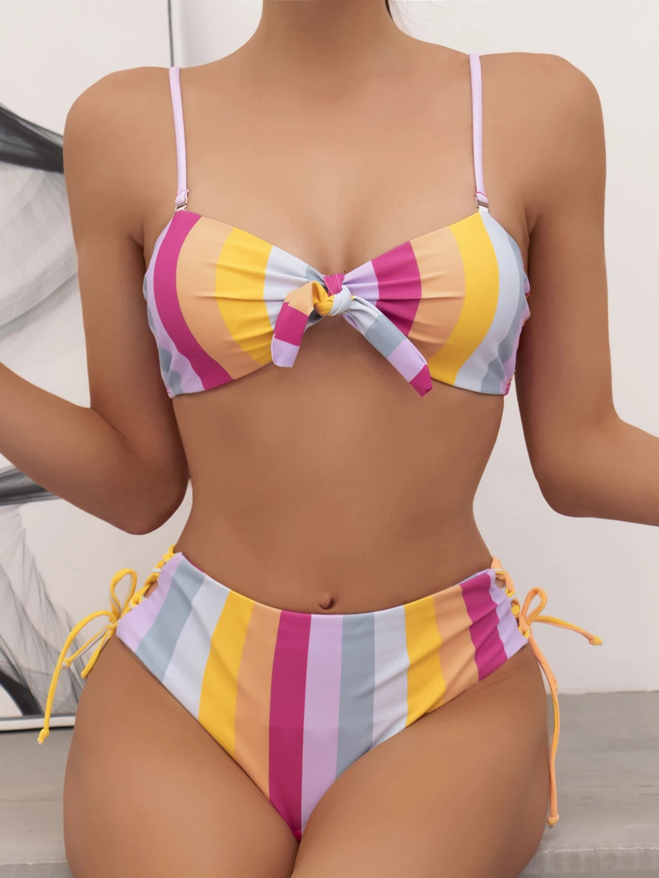 Colorful Stripe Knot Front Bikini Set | SHEIN