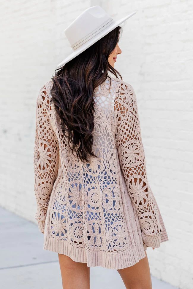 What's The Plan Tan Crochet Sleeve Cardigan | Pink Lily