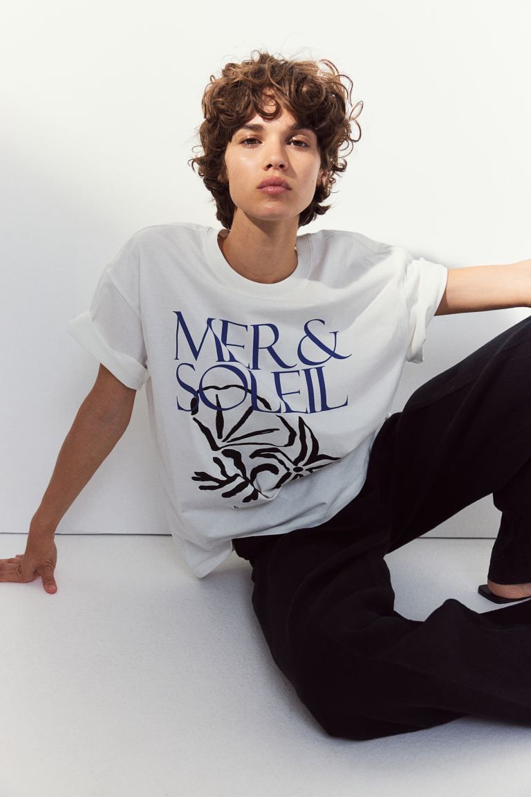 Printed T-shirt - Round Neck - Short sleeve - White/Mer & Soleil - Ladies | H&M US | H&M (US + CA)