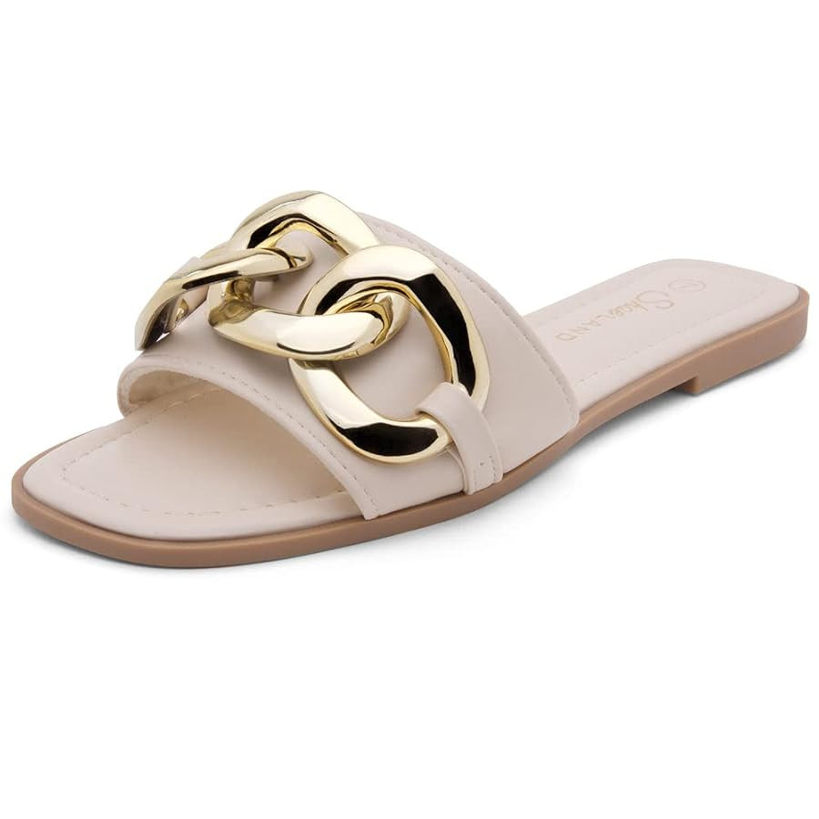 Shoe Land Women's Flat Sandals - Square Open Toe Single Band Fashion Slides with Metal Chain Dres... | Amazon (US)