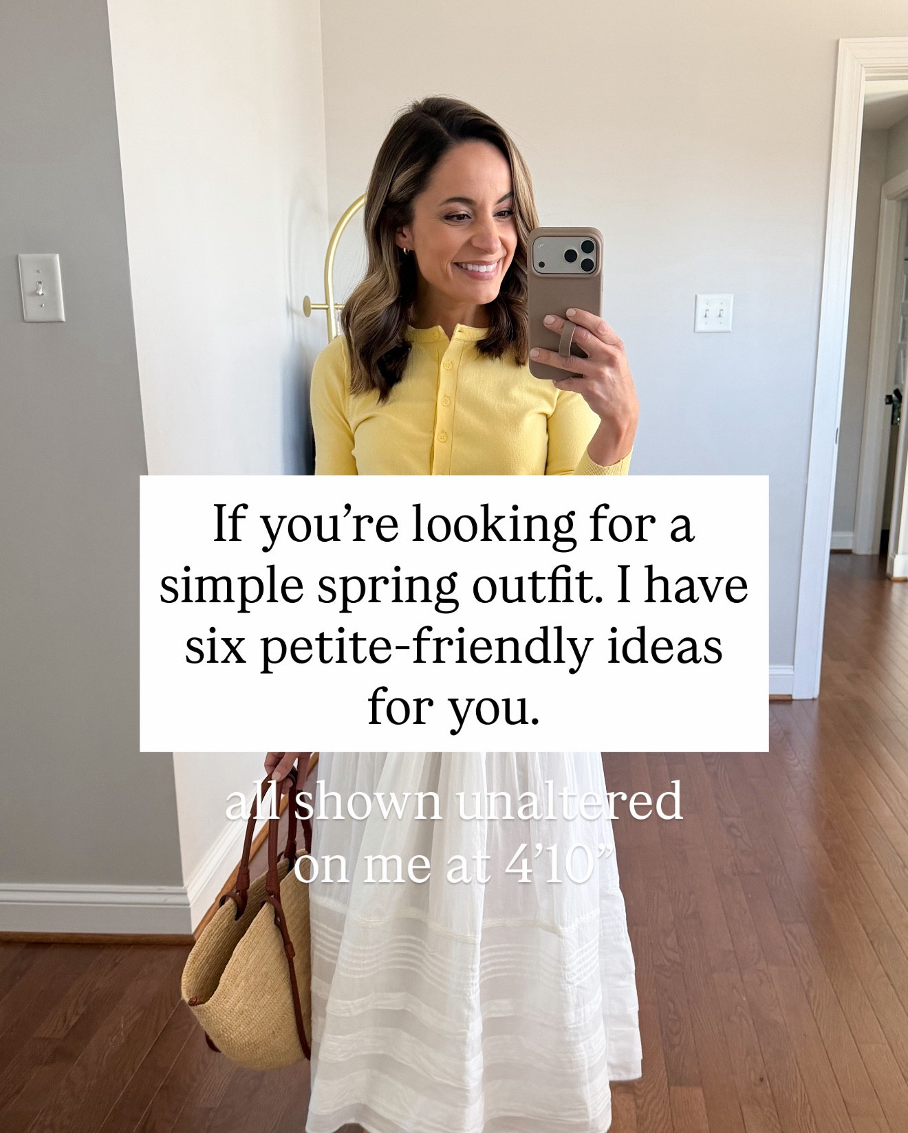 Six simple outfit ideas for spring! 

Outfit 1 
Skirt (Abercrombie): petite xxs 
Yellow cardigan (J.Crew): xxs 
Flats (J.Crew Factory): true to size 
Matching top (Abercrombie): xxs 

Outfit 2 
Jeans (J.Crew Factory): 24 classic - true to size 26.5” inseam 
Top (Quince): xs - oversized 

Outfit 3 
Pants (LOFT): petite 00/24 - sold out in this color - 26.5” inseam - true to size 
Cardigan (Quince): xs - sold out in this color 

Outfit 4 
Dress (BR Factory): petite xxs - true to size 
Sandals (Dolce Vita): true to size 

Outfit 5 
Shorts (Aritzia): xs - size up 
Cardigan (Old Navy): petite xs 

Outfit 6 
Jeans (BR Factory): petite 24 - true to size - 27.5” inseam 
Top (Old Navy): petite xs 

My measurements for reference: I’m 4’10” and 105lbs. My bust, waist, and hip measurement is 32”, 24”, and 36”.

#LTKPetite