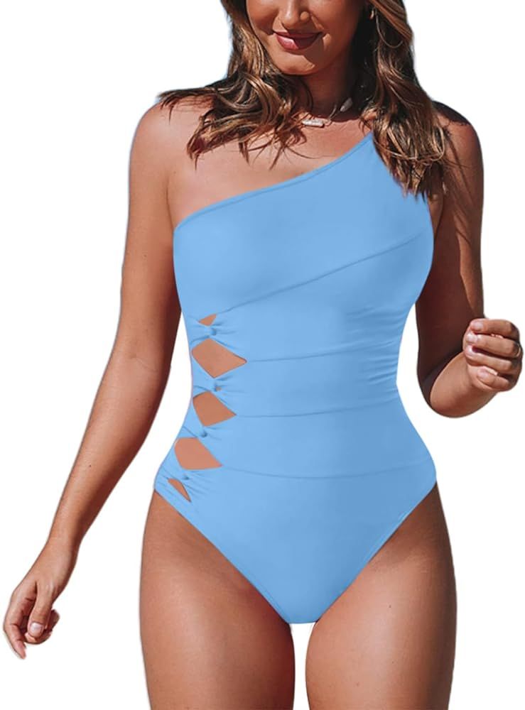 Hilinker Women's One Piece Swimsuit One Shoulder Waist Cut Out Bathing Suit | Amazon (US)