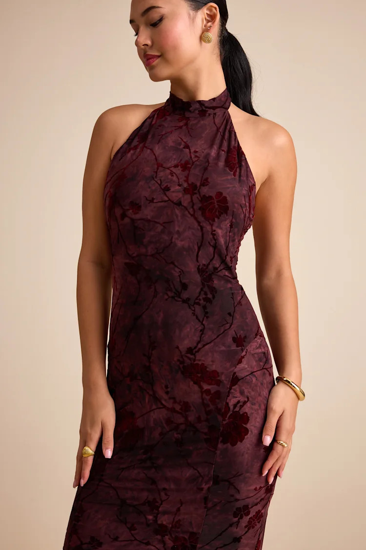 Sitara Burgundy Abstract Jersey Burnout Velvet Halter Maxi Dress | Lulus