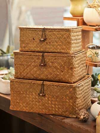 1pc Seagrass Woven Storage Box With Lid, Gift Boxed, Desktop Organizer Basket, Multipurpose Conta... | SHEIN