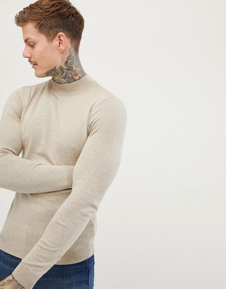 ASOS DESIGN muscle fit turtleneck sweater in oatmeal - Beige | ASOS US