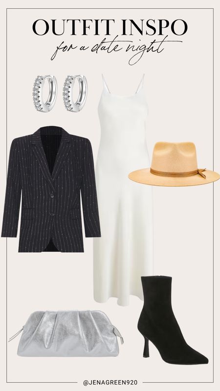 Date Night Outfit Inspo | Silk Midi Dress | Pinstripe Blazer | Black Booties | Flat Brim Hat | Silver Huggie Hoops | Spring Outfit Inspo

#LTKsalealert #LTKstyletip #LTKfindsunder100