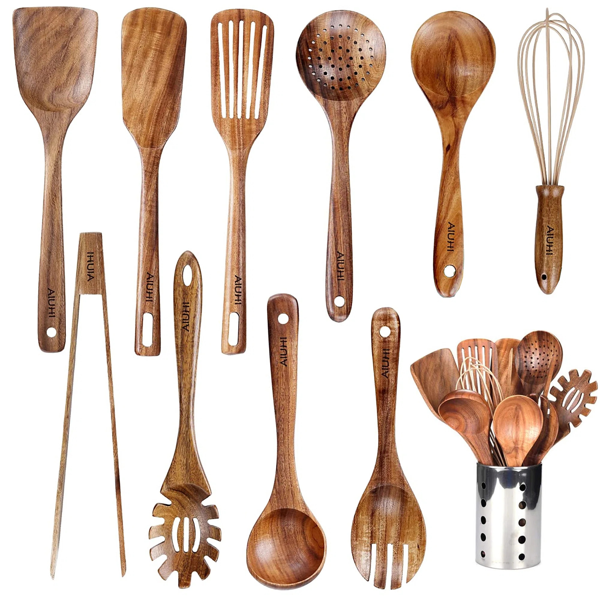 11 -Piece Wood Cooking Spoon Set with Utensil Crock | Wayfair North America