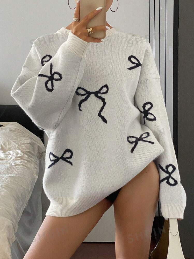 DAZY Women's Crew Neck Loose Fit Bow Knitted Sweater | SHEIN