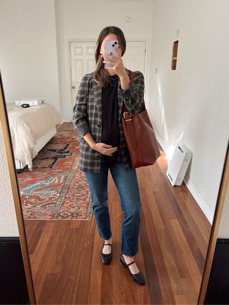 Order a size up in the maternity jeans (from your pre-pregnancy size). Wearing XS in oversize blazer (fits more oversized when in not 24 weeks pregnant🤪). This print is older so I linked a few options (the “Larson” blazer) - all 50-60% off!

#LTKbump #LTKCyberWeek #LTKsalealert