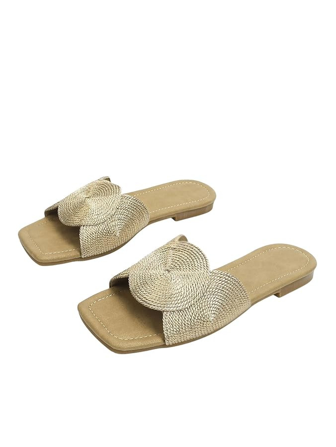 OYOANGLE Women's Open Toe Flat Sandals Metallic Wide Single Strap Slide Sandals Outdoor Slides | Amazon (US)
