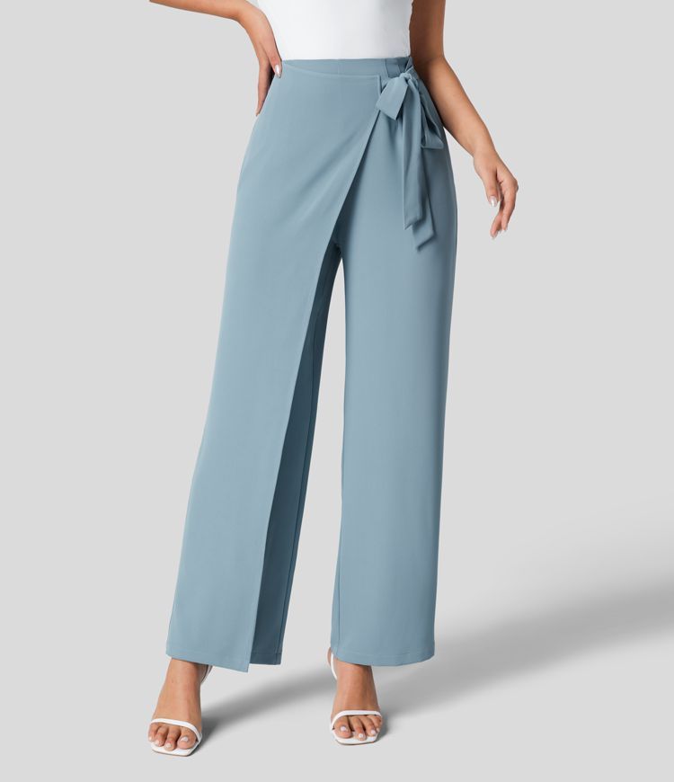 High Waisted Tie Side Invisible Zipper Wide Leg Work Suit Pants | HALARA