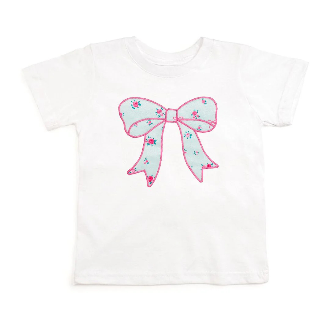 Sky Blue Floral Bow Patch Short Sleeve T-Shirt - White | Sweet Wink
