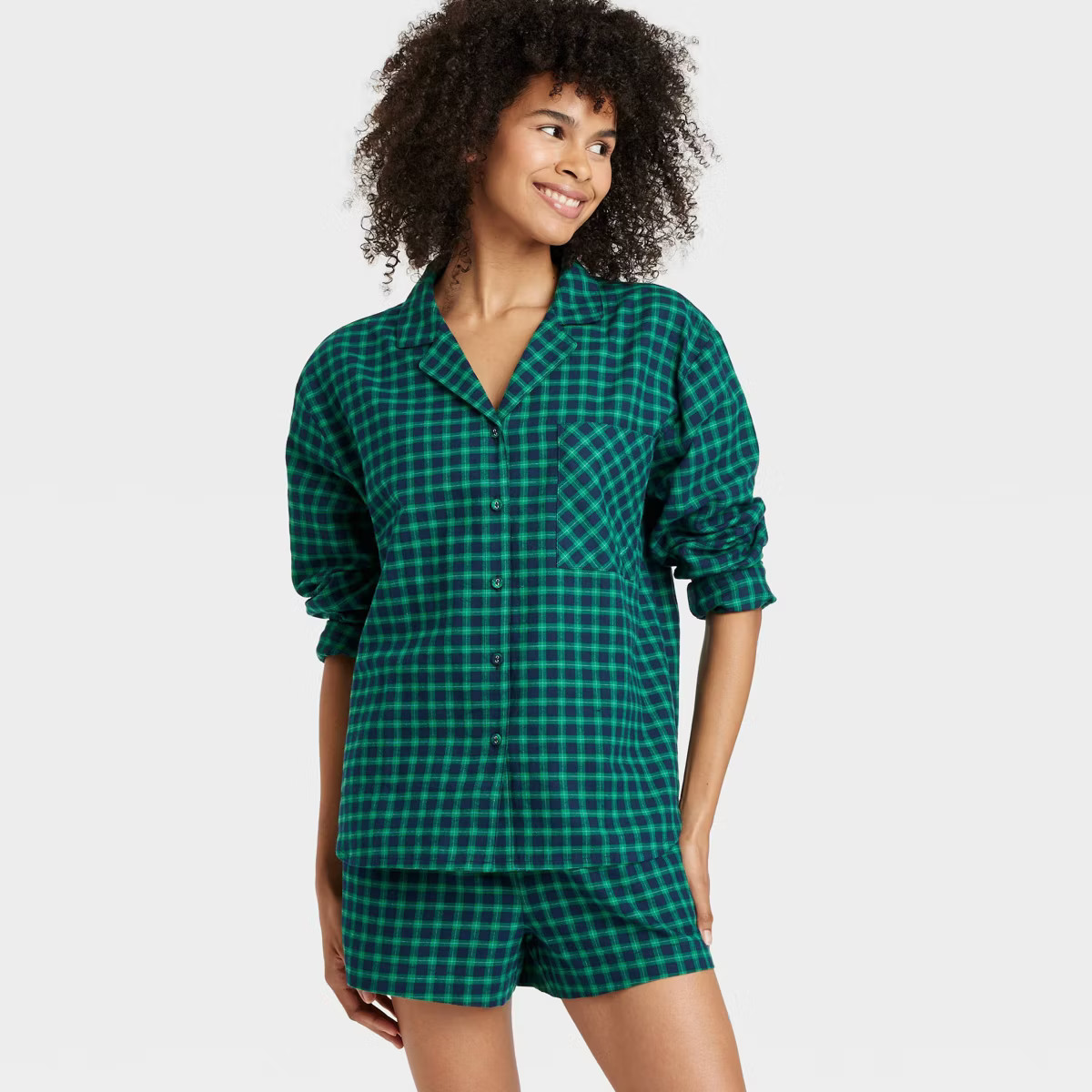 Women's Check Flannel Long Sleeve Top and Shorts Pajama Set - Auden™ Green XS | Target