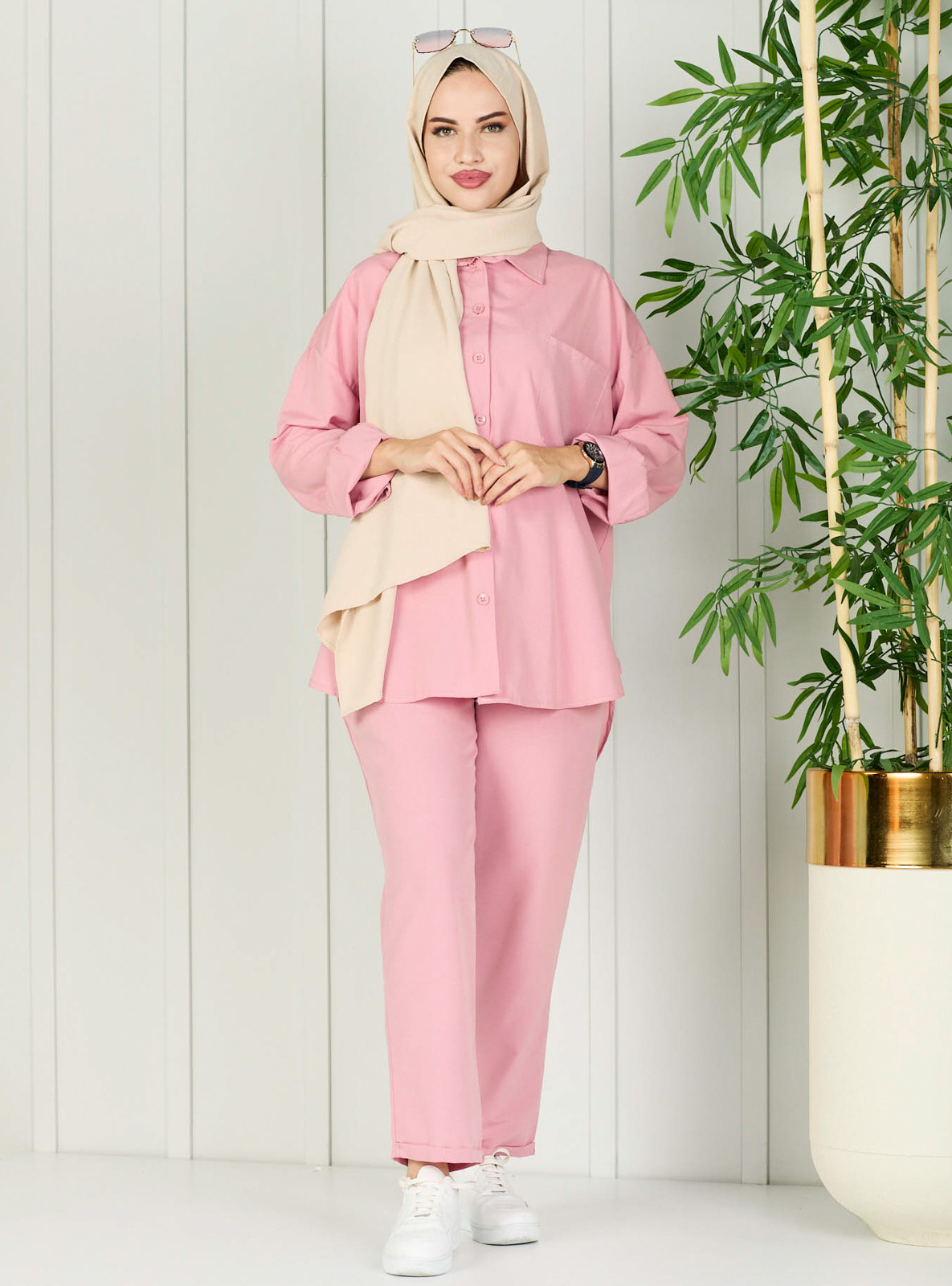 Dusty Rose - Unlined - Cuban Collar - Suit | Modanisa (US)