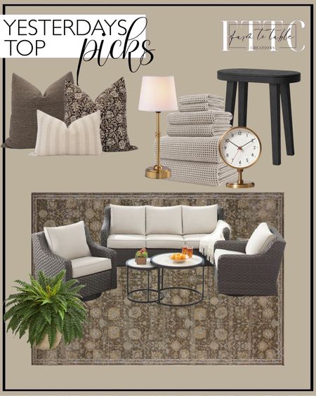 Yesterday’s Top Picks. Follow @farmtotablecreations on Instagram for more inspiration.

Mona - MOA-03 Area Rug Joanna Gaines x Loloi. Woodland Carved Wood Accent Table - Black - Threshold. 22” Boston Fern Artificial Plant in Sandstone Planter. POLYTE Oversize, 60 x 30 in., Quick Dry Lint Free Microfiber Bath Towel Set. Better Homes & Gardens River Oaks Outdoor 5-Piece Wicker Conversation Set with Patio Cover, Dark Brown. Pillow Cover Combo Brown Pillow Cover Combo Moody Pillow Cover Set Block Print Pillow Combo Black Floral Pillow Brown Pillow Cover Set. Brass Pedestal Table Clock Antique Finish - Hearth & Hand with Magnolia. Cordless LED Table Lamp with Dimmer. Amazon Home. Bathroom Finds. Outdoor Patio. Outdoor Finds. 


#LTKhome #LTKfindsunder50 #LTKsalealert