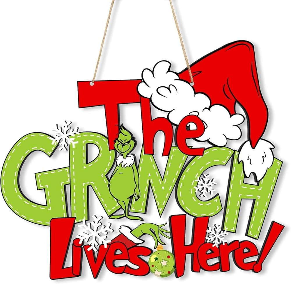 Christmas Decorations Sign, 11.6'' Grinchmas Lives Here Theme Wooden Hanging Sign Wreath Decor fo... | Amazon (US)