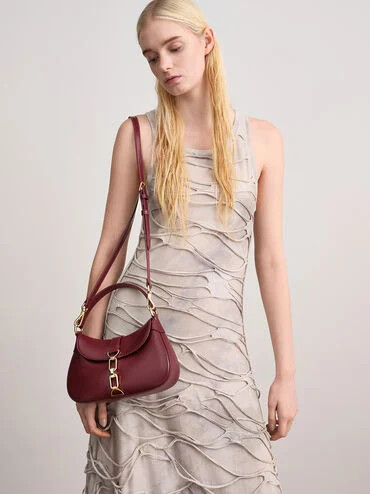Agatha Chain-Accent Hobo Bag
    
         - Burgundy | Charles & Keith AU