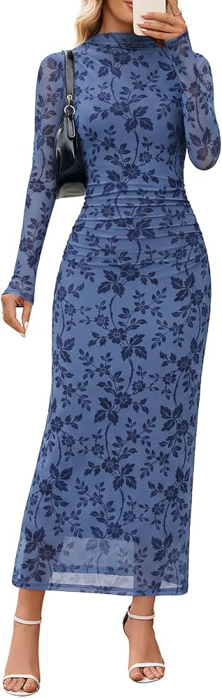 MEROKEETY Womens Fall Long Sleeve Floral Wedding Guest Maxi Dress | Amazon (US)
