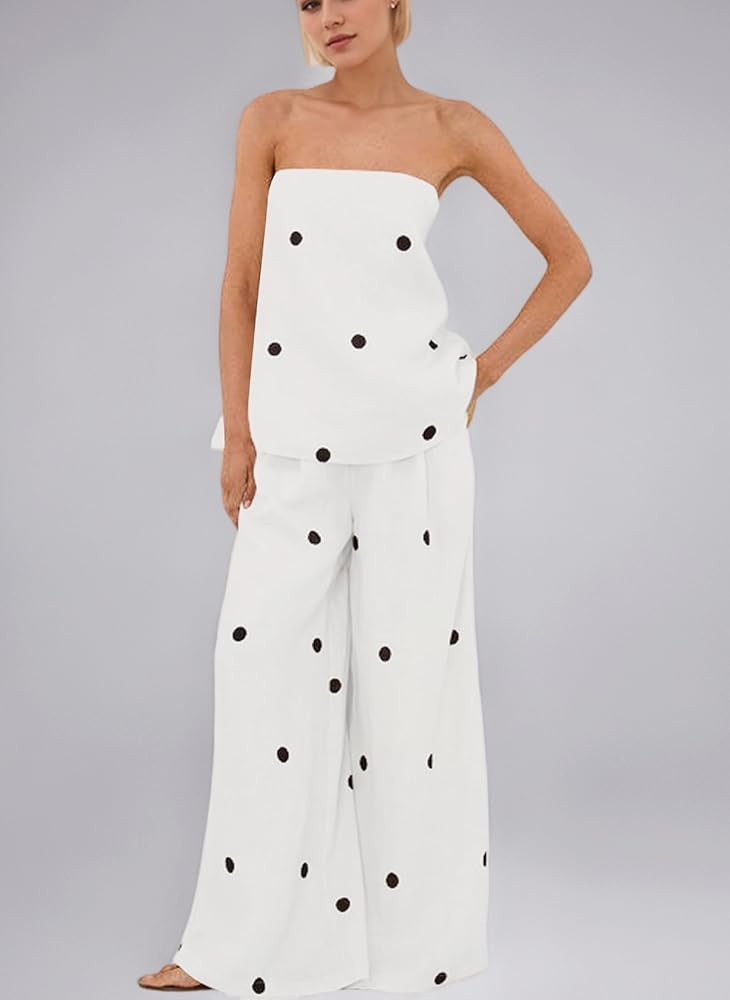 calbatic Women Polka Dot 2 Piece Outfits Spot Strapless Tube Top High Waist Wide Leg Pants Lounge... | Amazon (UK)