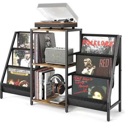 Record Player Stand With Vinyl Storage,Two-Side Storage-Black&Brown | Wayfair North America
