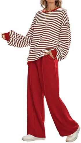 Kikibell Women's 2 Piece Outfits Striped Color Block Oversized Sweatshirt Wide Leg Sweatpants Tre... | Amazon (US)