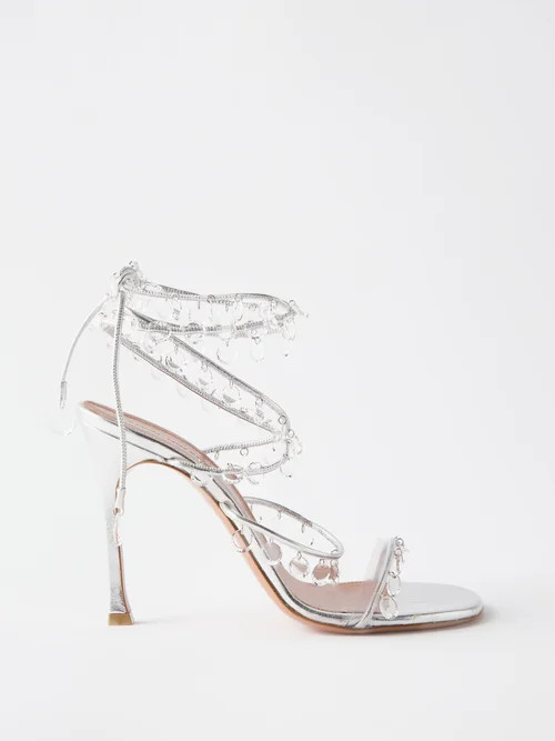 Amina Muaddi - Tina 105 Embellished Metallic-leather Sandals - Womens - Silver | Matches (US)