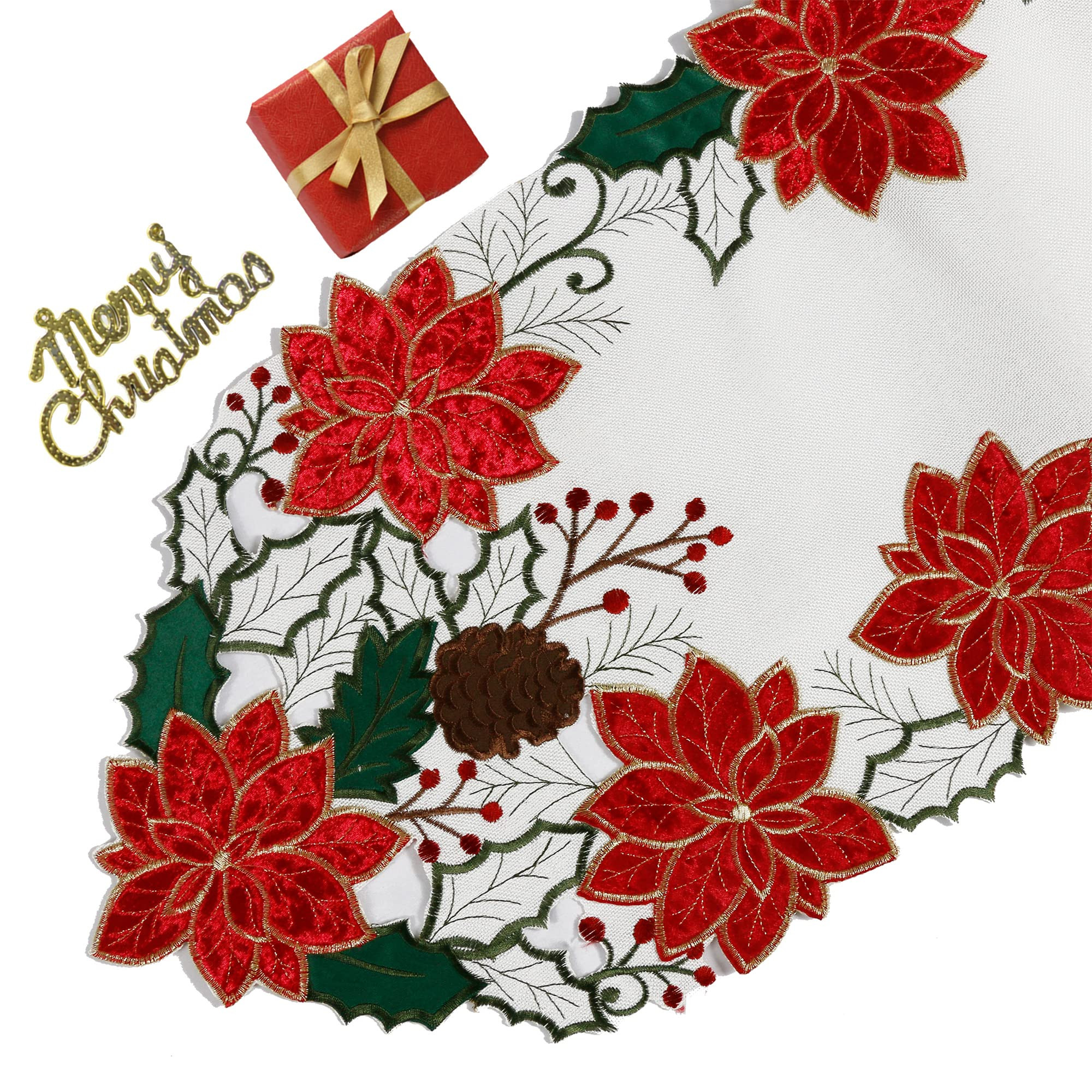 OWENIE Christmas Table Runner 70 Inches Long, Red Poinsettia Textured Fabric Runner with Embroide... | Amazon (US)