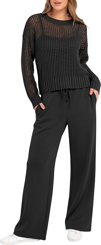 ANRABESS Womens 2 Piece Outfits Crochet Sheer Knit Sweater Top Wide Leg Pants Lounge Sets Sweatsu... | Amazon (US)