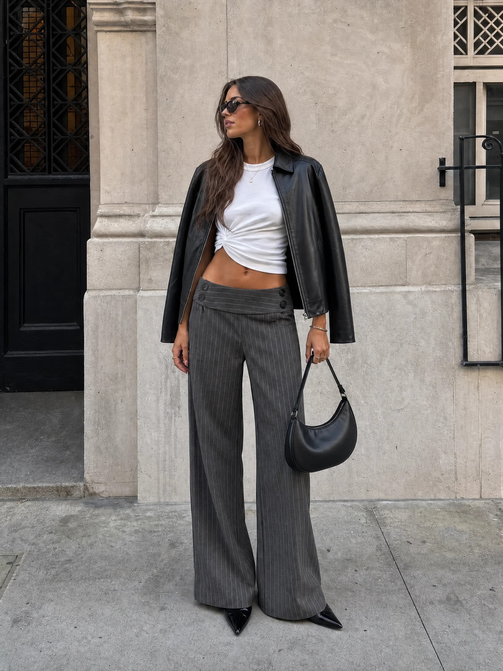 Woven Low Rise Striped Wide Leg Trousers For Daily Casual Work | Cider