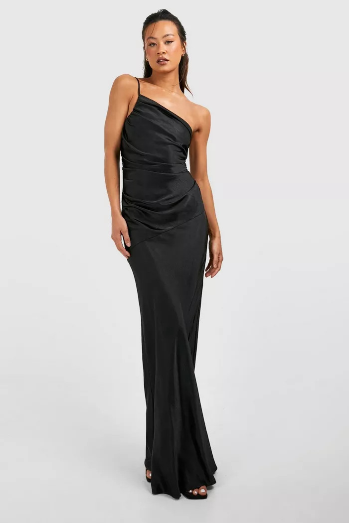 Tall Bridesmaid Satin Strappy Asymmetric Maxi Dress | boohoo (US & Canada)