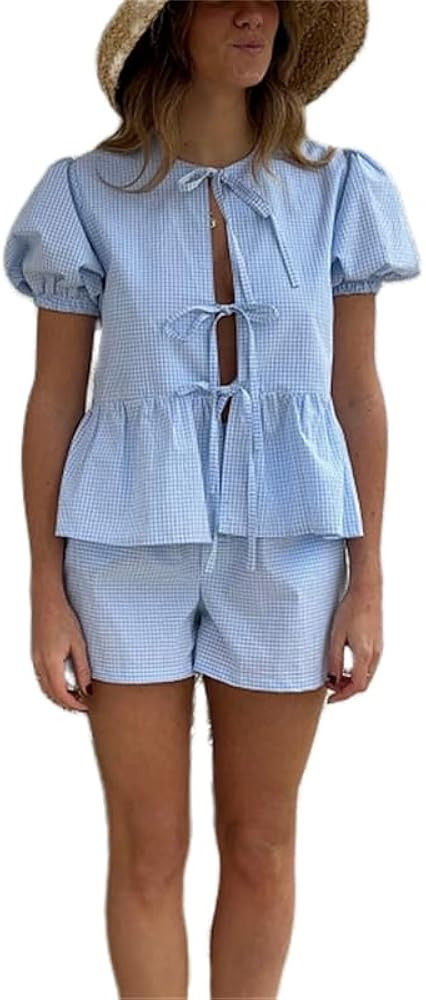 Thopavenoir Women 2 Piece Casual Lounge Sets Y2k Puff Sleeve Peplum Shirt Tie Front Tee Shirt Sho... | Amazon (US)