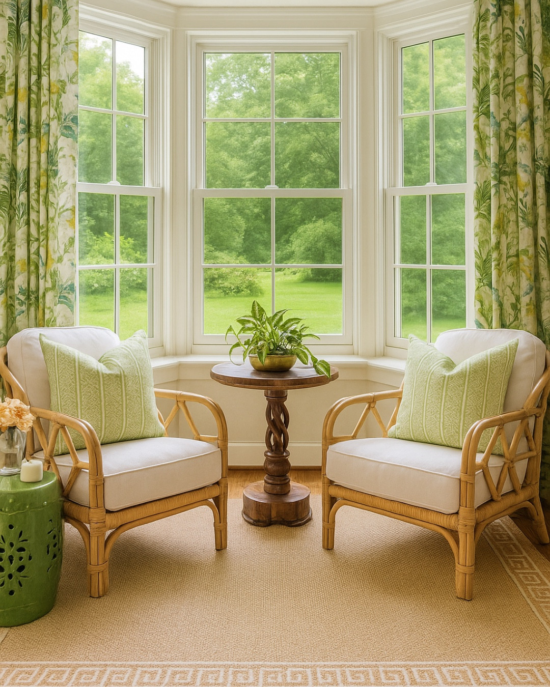 Going green never looked so serene 🌿✨This cozy bay window nook blends natural woven textures, gorgeous floral patterns, and calming shades of green for a sitting area that feels as refreshing as it does timeless.

Swipe to see the vision board behind the design and how ChatGPT turned it into reality. 

Neutral rug | rattan chair | green drapery | green floral curtains | Greek key rug | green pillow | green throw pillow | bay window nook | sitting area 

#LTKFindsUnder100 #LTKHome #LTKSaleAlert