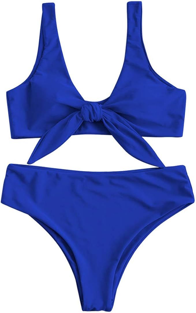 ZAFUL Womens Solid Color Strap Padded Front Knot Bikini Set | Amazon (US)