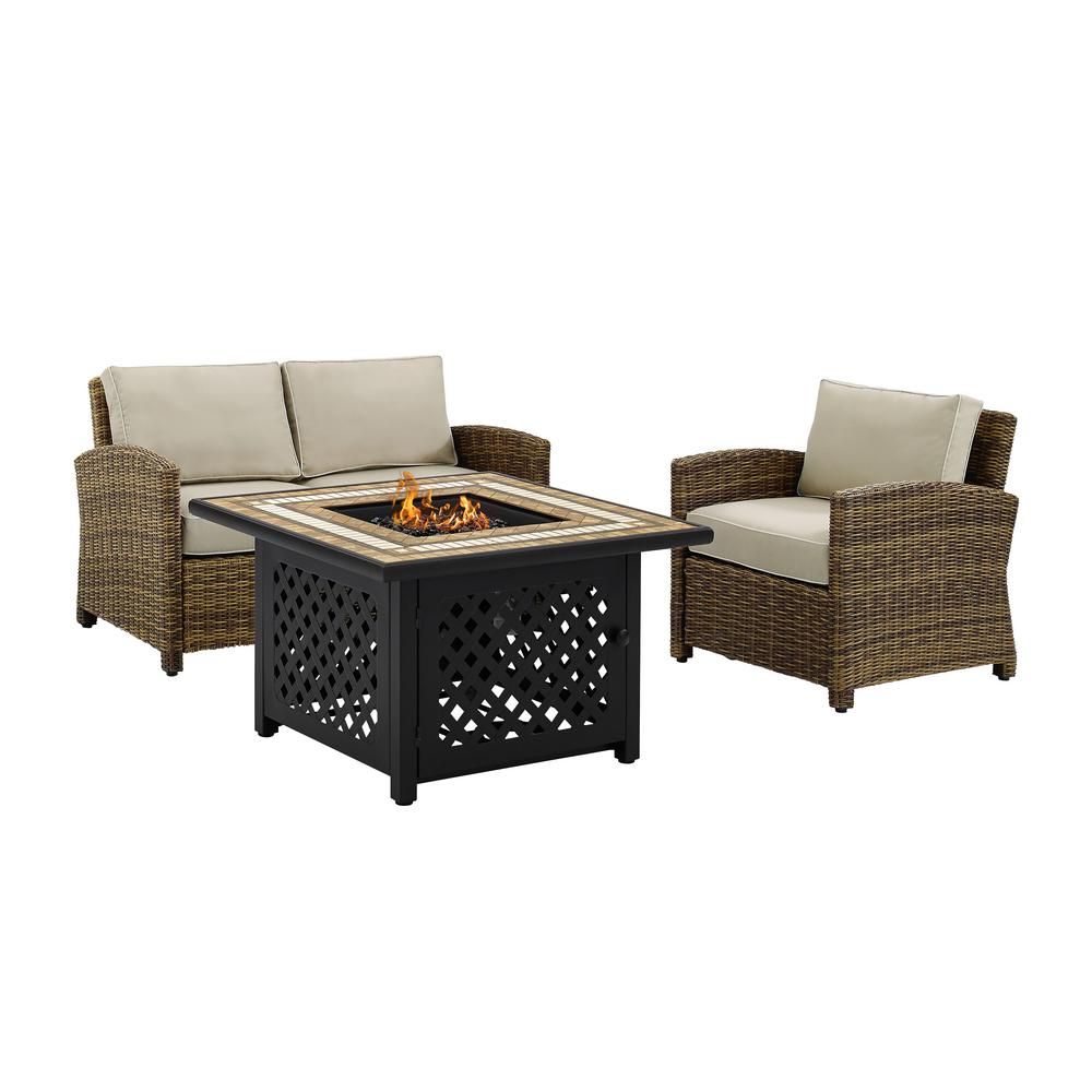 Crosley Bradenton 3-Piece Wicker Patio Fire Pit Conversation Set with Sand Cushions | The Home Depot