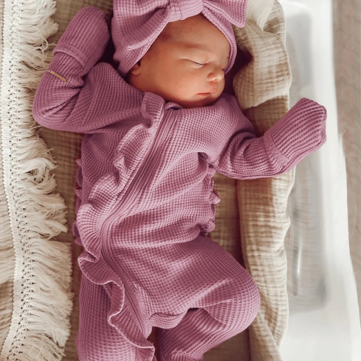 Organic Waffle Ruffle Zip Footie, Lavender | SpearmintLOVE