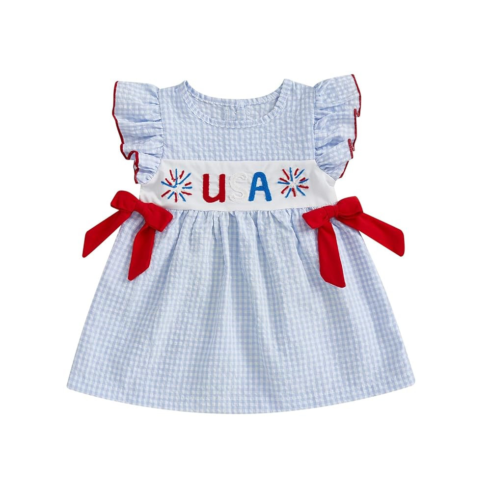 Baby Girl 4th of July Outfit Toddler USA Firework Smocked Dress Ruffle Sleeve Bowknot Plaid Fouth... | Amazon (US)