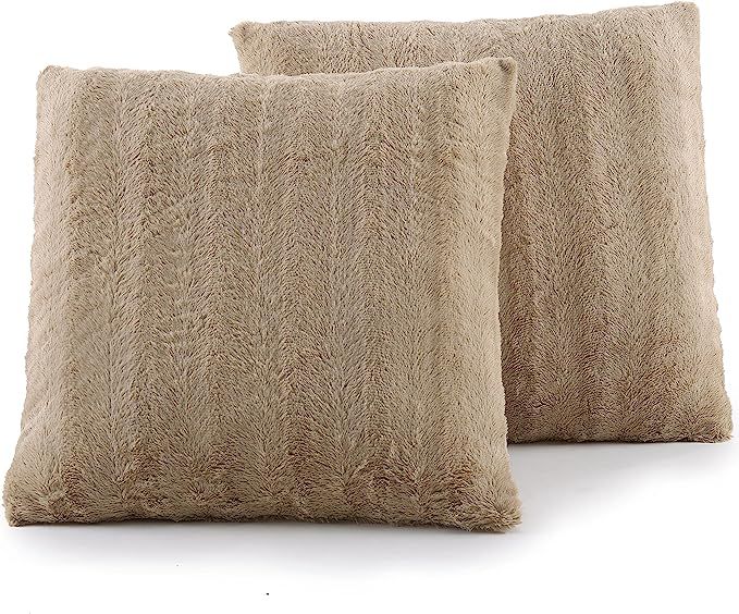 Cheer Collection Faux Fur Throw Pillows - Set of 2 Decorative Couch Pillows - 18" x 18" - Sand | Amazon (US)