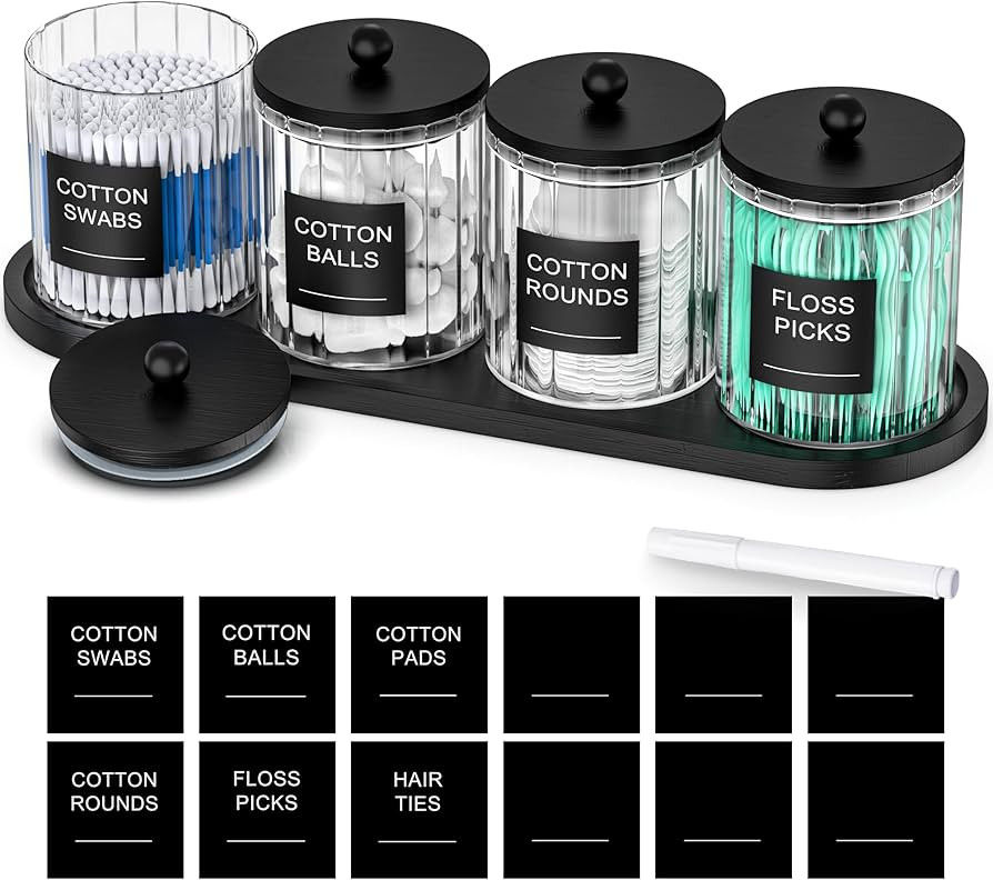 masadi 4 Pack Glass Qtip Holder Set with Tray- Bathroom Countertop Set Organizers, Cotton Round S... | Amazon (US)