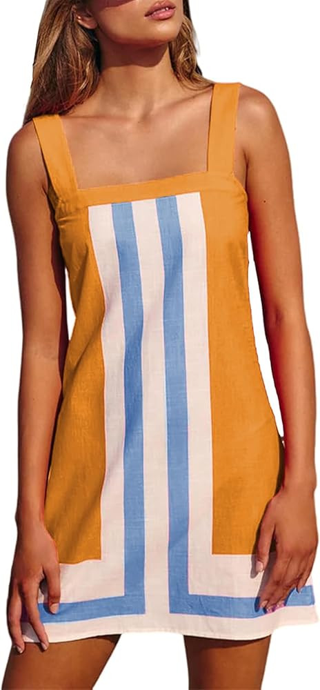 Ailoqing 2025 Women Boho Floral Mini Dress Summer Casual Color Block Beach Overall Striped Dress ... | Amazon (US)
