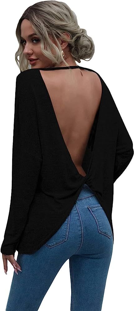 Floerns Women's Twist Backless Long Sleeve Round Neck Shirt Tee Top | Amazon (US)