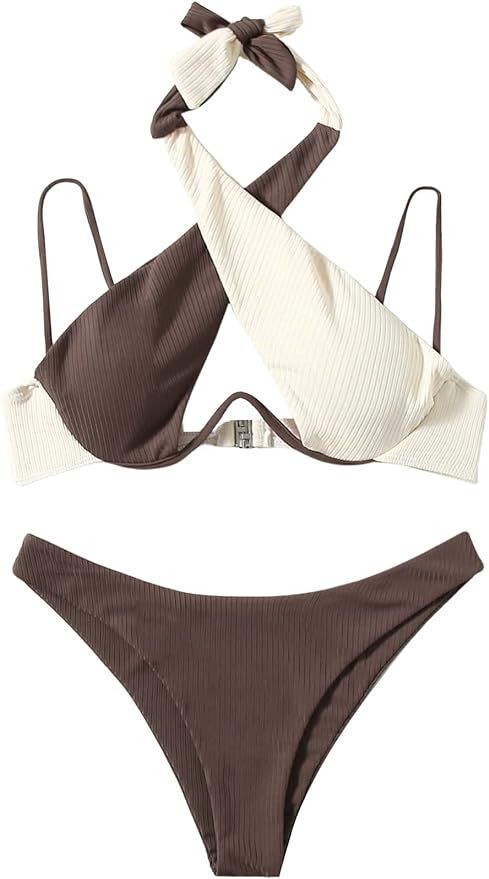 Romwe Women's Color Block Cross Halter Underwire Bikini Set Swimsuit | Amazon (US)