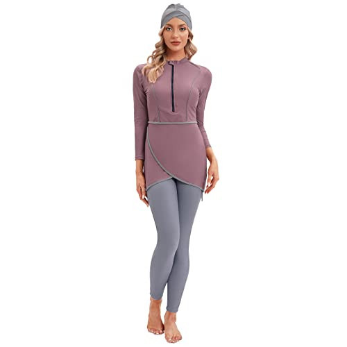 Muslim Swimsuits for Women: Modest Swimwear Islamic Long Sleeve Burkini Swimsuit Full Cover Hijab Swimming Cap Muslim Dress Top Pants Rash Guard 3 Piece Swim Bathing Suits Beachwear Purple Pink Small | Amazon (US)