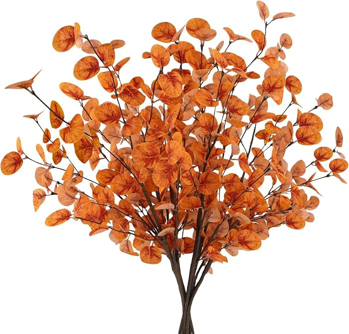 6 Pcs Long Fall Eucalyptus Leaves Stems Artificial for Vase,Orange | Amazon (US)
