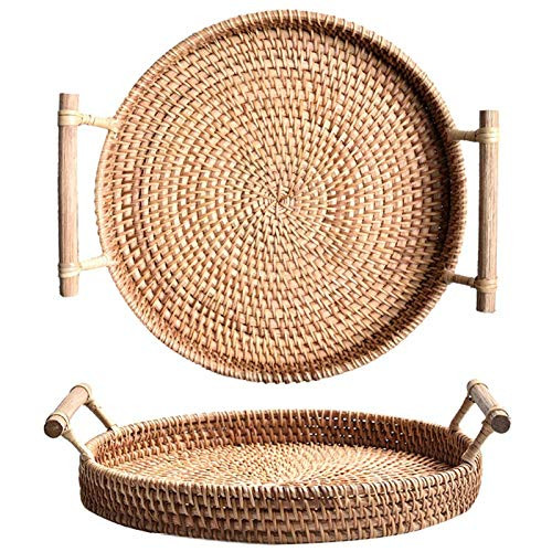 YANGQIHOME Rattan Round Bread Serving Basket Handcrafted Bread Serving Tray Platter with Wooden Handle (11 inch / 28cm) | Amazon (US)