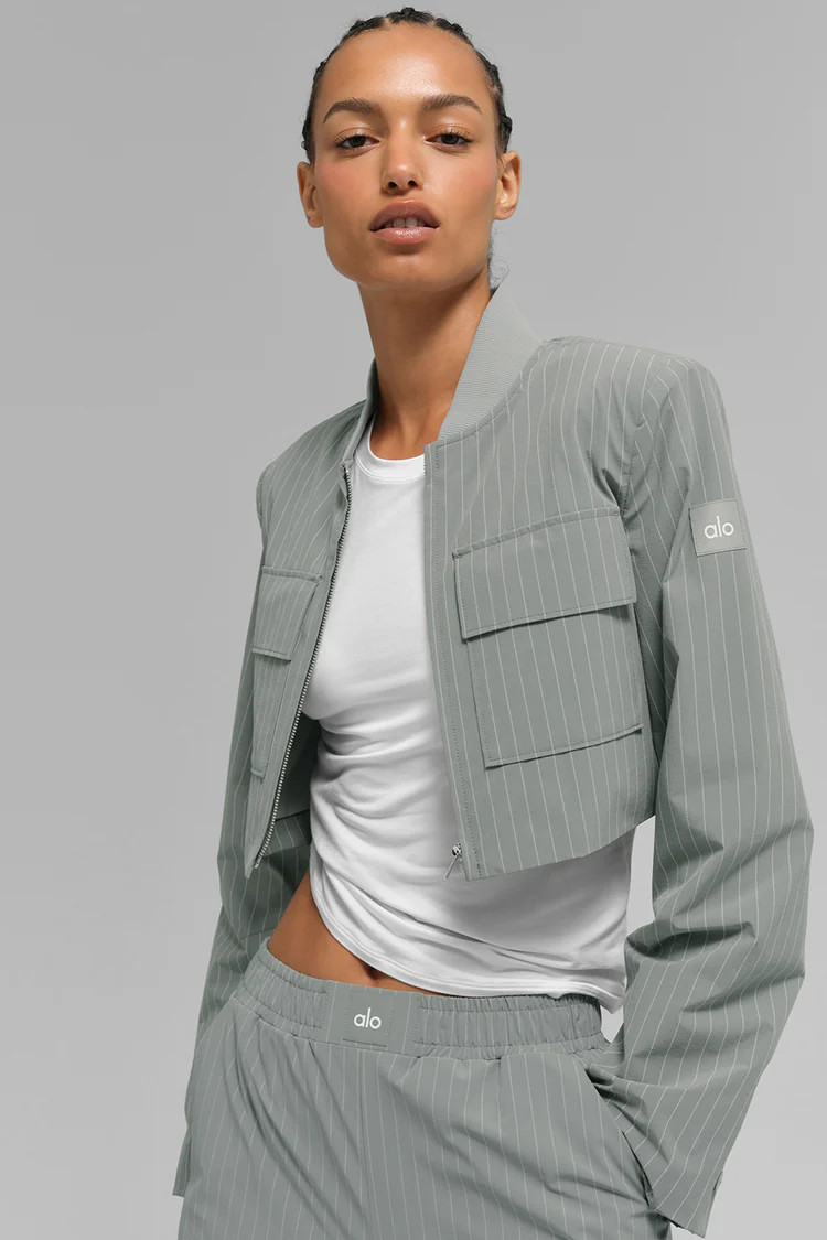 Cropped Pinstripe Main Character Full Zip Jacket - Lunar Grey/White | Alo Yoga (US)