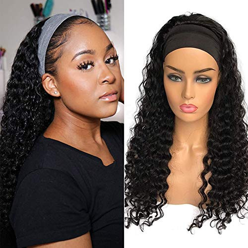 XSY Headband Wig Human Hair Deep Wave 20 Inch Curly Headband Half Wigs for Women 10A Brazilian Human Hair Wigs Glueless None Lace Front Wig Natural Color | Amazon (US)