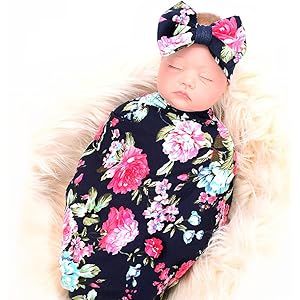 Newborn Receiving Blanket Headband Set Flower Print Baby Swaddle Receiving Blankets Galabloomer N... | Amazon (US)