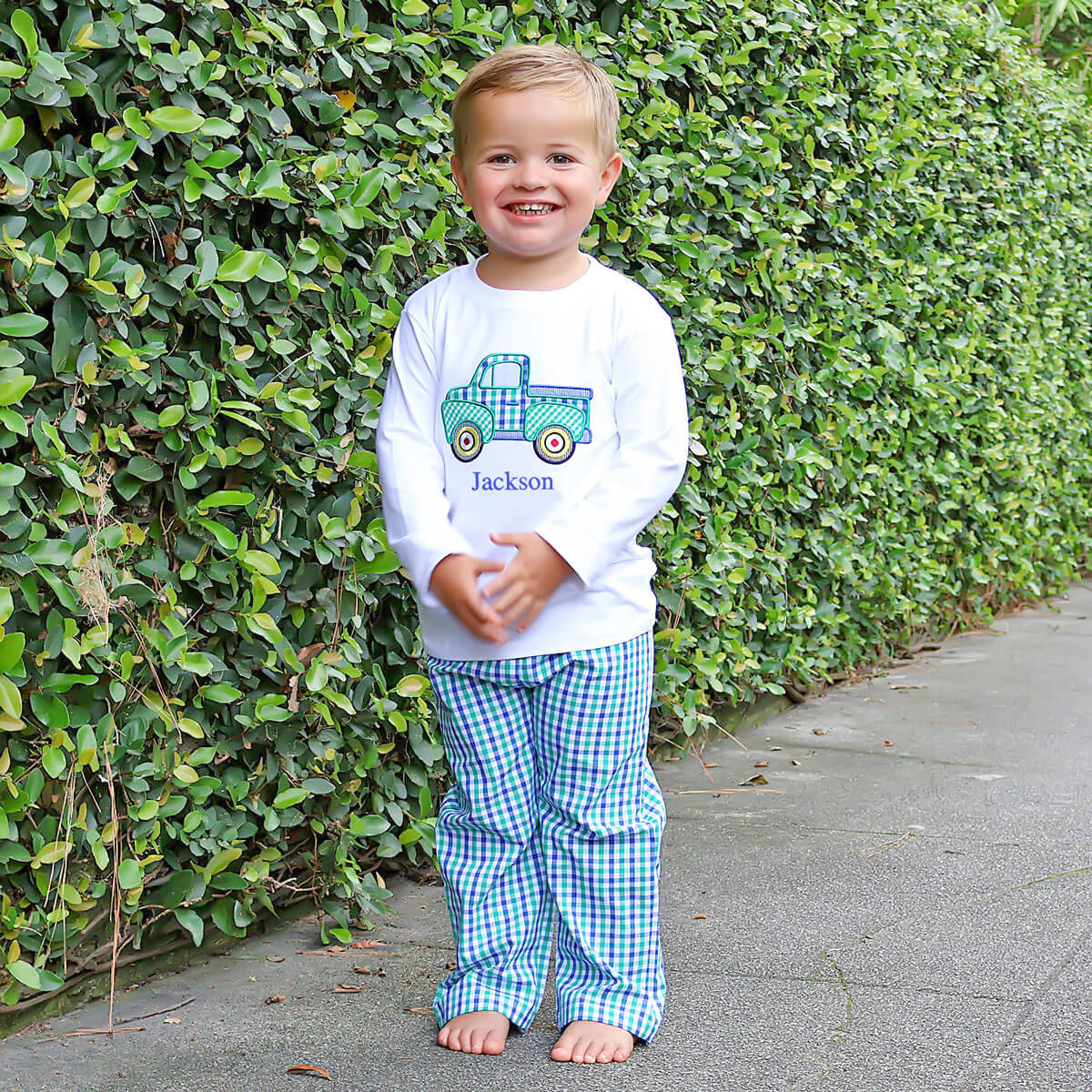 Truck Applique Blue & Green Gingham Pant Set | Classic Whimsy
