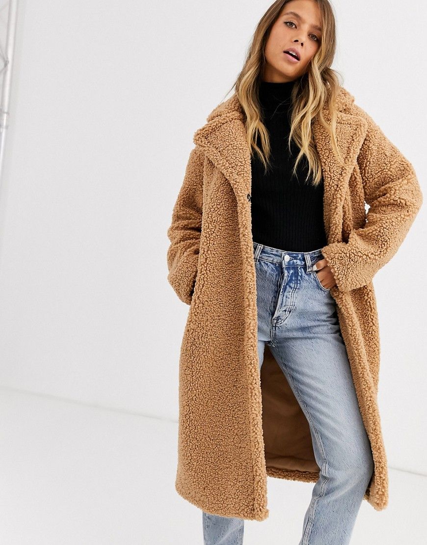 Miss Selfridge maxi teddy coat in tan | ASOS (Global)